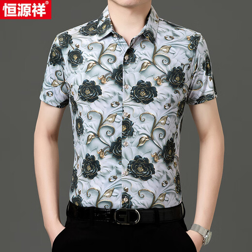 恒源祥夏季桑蚕丝短袖印花衬衫男冰.丝半袖免烫花衬衣休闲中年爸爸薄款 Y81-9898黑色 L 170【120-140斤】