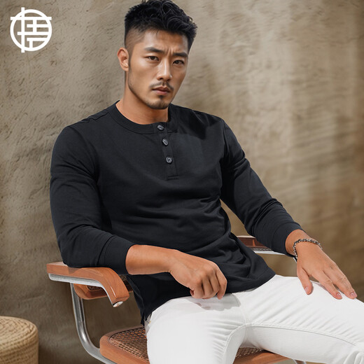 Enlightenment 280G heavy-weight Henley shirt men's long-sleeved T-shirt Henley collar slim-fit pure cotton solid color bottoming shirt for autumn and winter outer wear off-white M (100-130Jin Jin is equal to 0.5 kg)