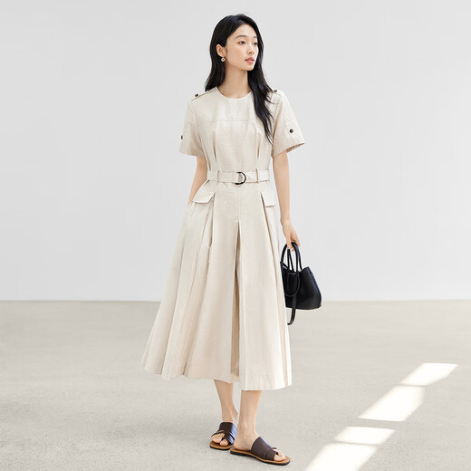Dialogue high-end commuting waist-hugging slimming dress for women 2025 summer new French elegant round neck A-line long skirt Rice apricot color M