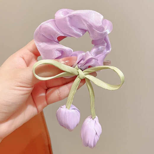 Garenbei's new spring-flavored shimmering tulip bow large intestine hair tie for girls, sweet and western style flower tassel hair tie, one pink + purple tulip hair tie