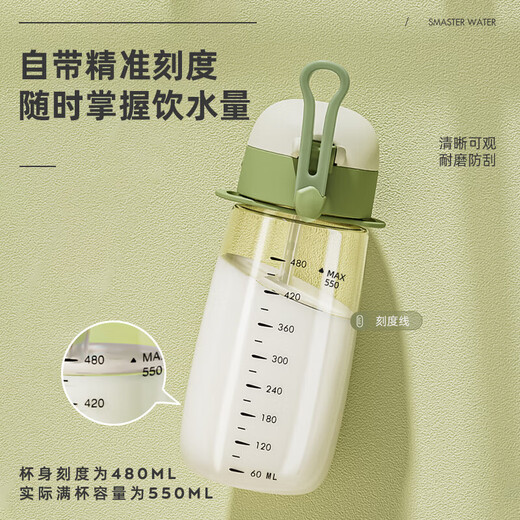 PPSU儿童水杯子吸管婴儿宝宝幼儿园水壶学饮杯喝水奶瓶夏季耐高温 雾霾蓝550ML【PPSU+吸管+背带】