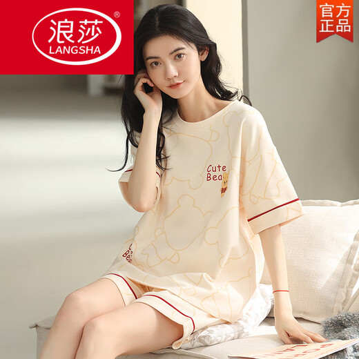 浪莎（LangSha）2025年新款夏季睡衣女纯棉短袖短裤薄款甜美家居服两件套装舒适 YZT9854短-袖套 M 【建议80-100斤穿】