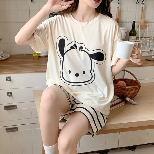 Xushansi pajamas for women in summer short-sleeved thin loose large-size summer girl cartoon cute style can be worn outside home clothing suit 679 green dinosaur M suggests 80-90Jin [Jin equals 0.5 kg]