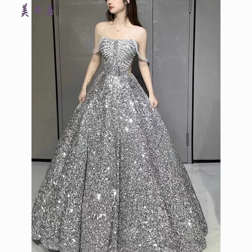 Mei'anjia Starry Sky Sequin Evening Dress Feeling Light Luxury Temperament Annual Meeting Host Engagement Wedding Wedding Toast Clothes Bride Silver Sequin S