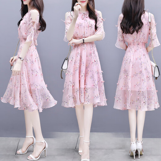 Homesee Light Luxury International High-End-Markenkleider für koreanische Frauen im koreanischen Frauen, modische, schlanke hüftgeschwungene, beliebte Blumenröcke, Chiffon Pink Blütenkleid S S