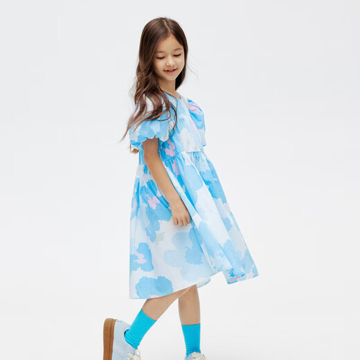 Annai children's clothing girls short-sleeved dress 2024 summer new style blue flower 150