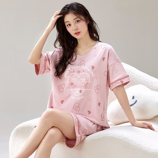 禾回夏季女士短袖睡衣套装自带胸垫一体高质量棉大码薄款夏天韩版家居 GXT1047 L (建议95-115斤)