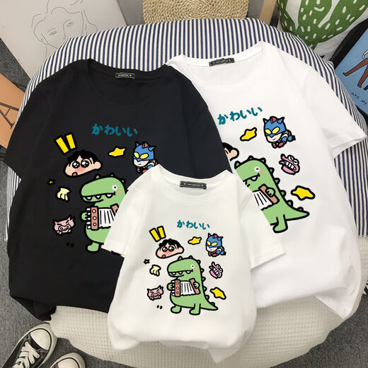Pure cotton parent-child clothing high-end summer clothing for a family of three and four summer mother-child clothing 2025 new trendy short-sleeved T-shirt white-Dinosaur Crayon Shin-chan 170 (L) Adult