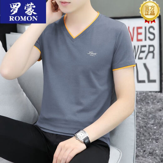 罗蒙（ROMON）男士男装2025新款领青年短袖t恤薄款韩版休闲半袖上衣t恤衫打底衫 白色 691 M 90-100斤