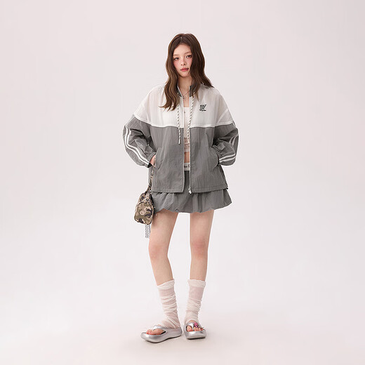 CHUU撞色拼接薄外套女2025夏季新品个性字母数字宽松抽绳拉链上衣 中度灰 均码