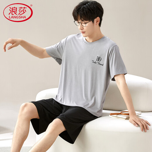 浪莎（LangSha）莫代尔睡衣男夏短袖长裤薄款棉绸家居服男款夏天加肥大码冰丝套装 6624 4XL