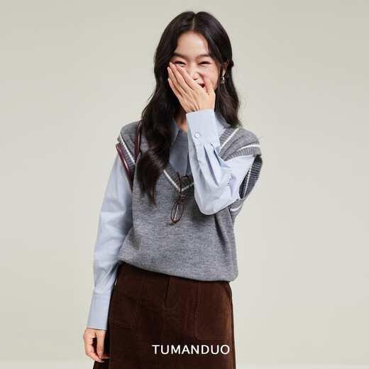 Tumanduo blue shirt women's autumn new gray loose sweater vest layered shirt two-piece top blue shirt S