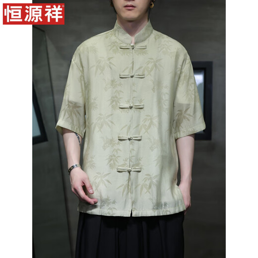 恒源祥夏季轻薄款短袖衬衫新中式古风盘扣唐装男装中国风竹叶上衣中山装 CS9898白色 M