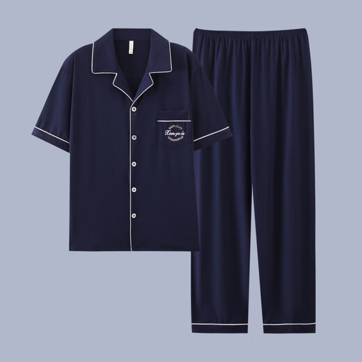 UKUHPK Herren-Kurzärärmel-Sommer dünne Baumwoll-Pyjamas Plus Size Home Clothing Set G3881 Blau (kurzärmelig) L [vorgeschlagen 100-120 Jin [Jin ist 0,5 kg]]