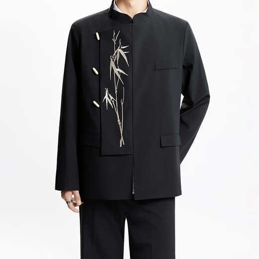 Mr. Lu's New Chinese Style Men's Dress for Engagement Irregular Suit Suit Chinese Style Stand Collar Golden Bamboo Embroidery Mao Suit Black (Suit/T01 White T/Trousers) XL