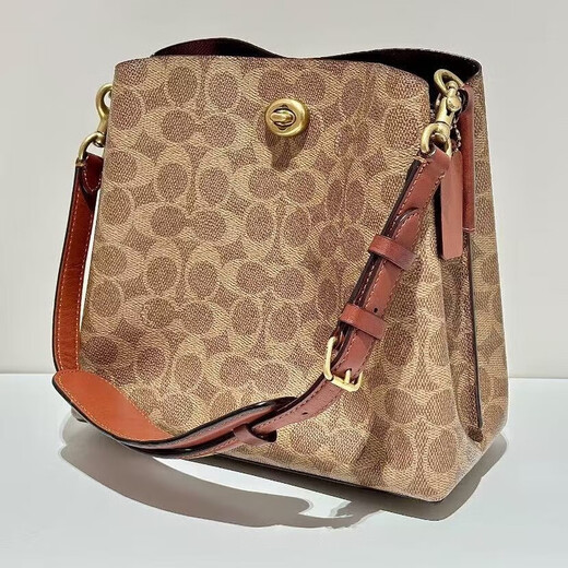 蔻驰（COACH）专柜款WILLOW 22老花手提水桶包 单肩斜挎女包 送女友同价618 棕色C3890-B4NQ4(底部有金属座)