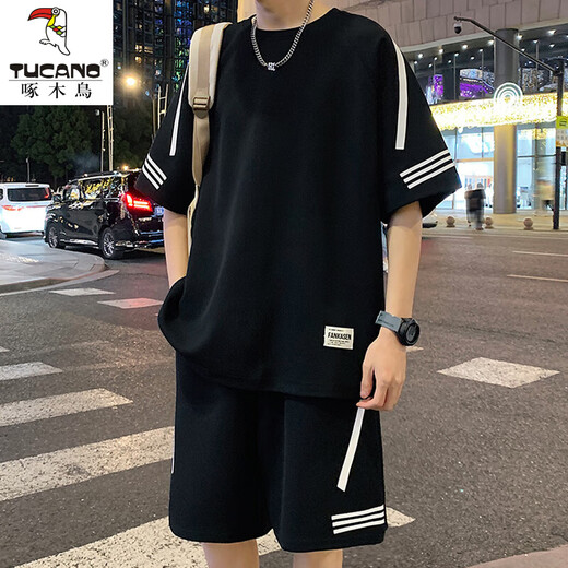 啄木鸟（TUCANO）休闲运动套装男夏季短袖t恤男黑色半袖男体恤青少年一套帅气搭配T 10727-FKS653黑色套装 XL (约130-150斤可穿)