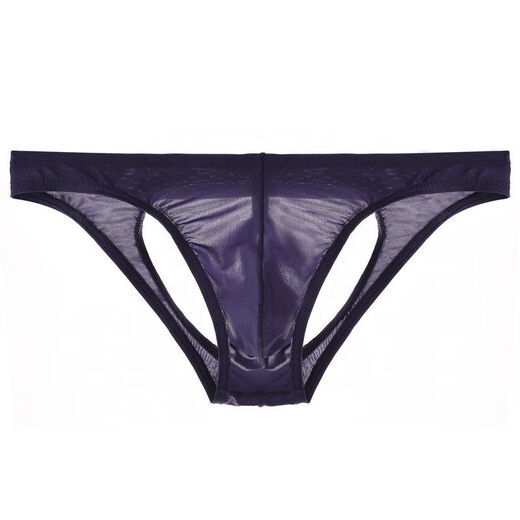 Ice silk double thong men's transparent underwear men's back empty hip lifting seamless low waist sexy pants for boys solid color black M