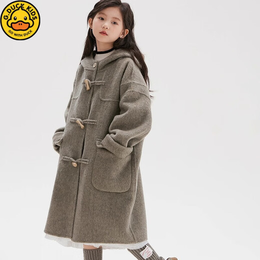 G.DUCKKIDS children's clothing girls' double-sided cashmere coat hooded mid-length Korean medium and large children's woolen coat girl's woolen coat camel 160 recommended height 150-155 cm12-13 years old