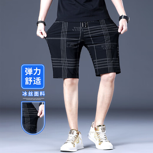 KOOSHI奢品冰丝短裤男潮牌男款沙滩裤男士运动五分裤裤子男装休闲中裤子 1585#黑色 28 100-109斤