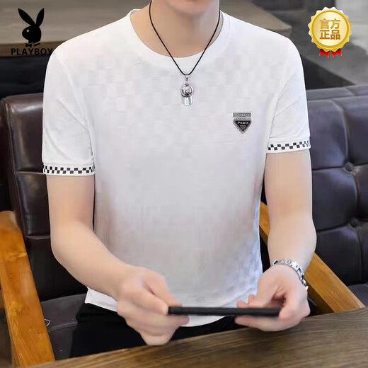 花花公子（PLAYBOY）夏季冰丝短袖t恤男士圆领潮牌高端格子烫钻半袖体恤衫男薄款T高端 698白色 M