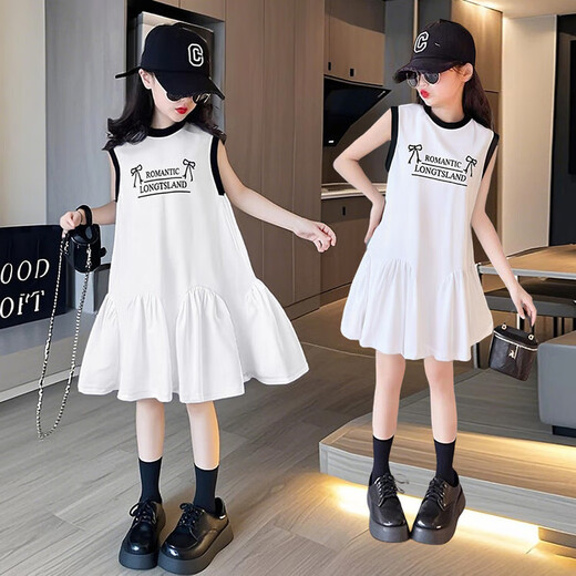 
Girls summer dress 2025 new casual and fashionable versatile sleeveless letter print design dress white bow vest dress 170 (recommended height below 160)