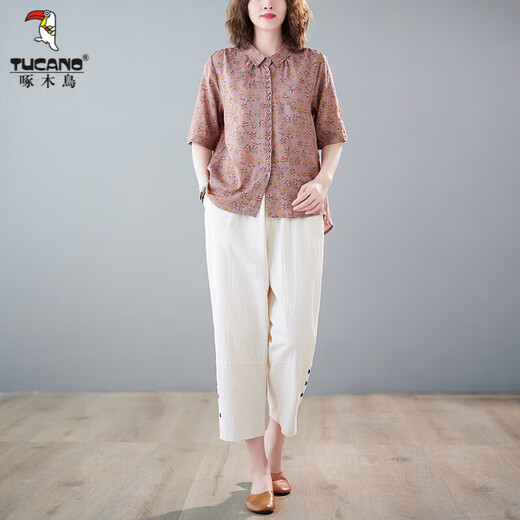 Versión coreana de Woodpecker Gran Traje de algodón y lino de algodón D para la carne de carne para mujeres Camisa impresa de dos piezas 2025 Summer New Fat M Girl Yellow XL Big
