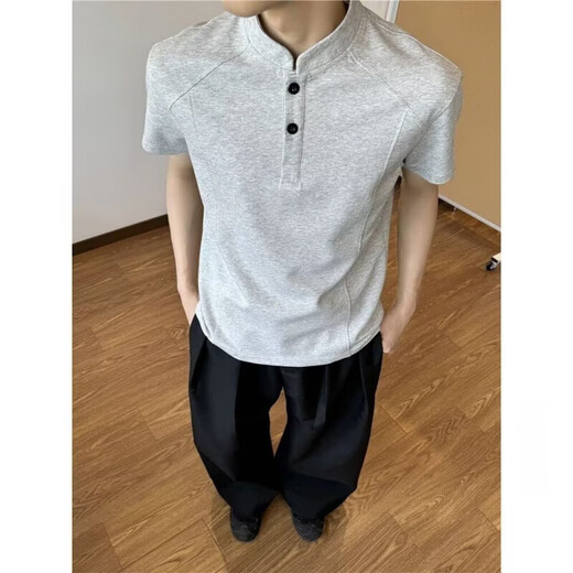 莫小刀美式复古正肩短袖男夏季cleanfit亨利领t恤男显瘦运动上衣polo衫 浅灰色 XL 建议120-140斤