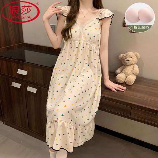 LangSha (LangSha) Princess Style Pajamas for women in summer sleeveless chest pad nightgown sexy internet celebrity girl new long skirt outside home clothes Lemon yellow 9906D with removable chest pad M 75-100Jin [Jin equals 0.5 kg]