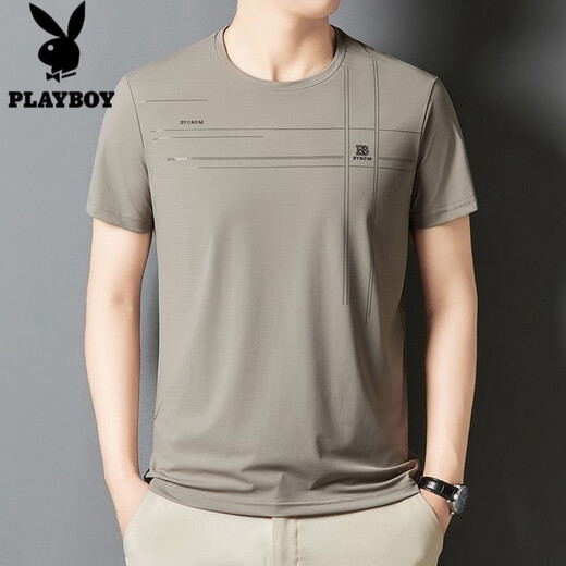 Playboy Summer Men's Short-Sleeved T-Shirt for Middle-aged and Young People's New Jinmu Ice Silk Comfortable Cool Thin Half-Sleeve Casual Top Dark Gray 733 (Cool Fabric) XL 180 Size [Suggested 140-155 Jin [Jin equals 0.5 kg]
