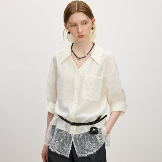 Fan Silan Bamboo Fiber Lace Spliced ​​Shirt Shorts Two-piece Set Women's Summer 2025 New All-match Set 2685/2540 Shorts M