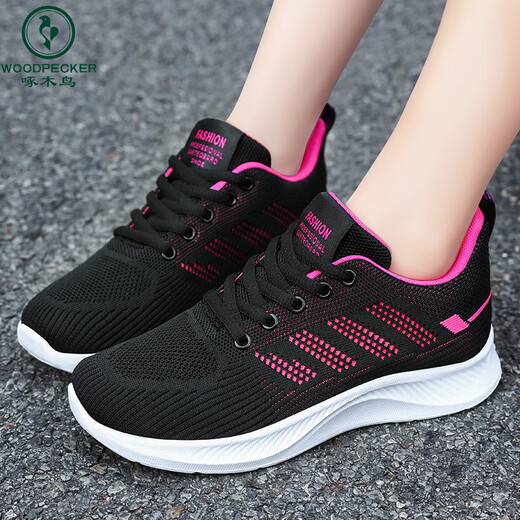 Woodpecker shoes for women 2025 casual soft sole comfortable non-slip sports shoes breathable single shoes flying mesh shoes running shoes for women G-H831 black 40