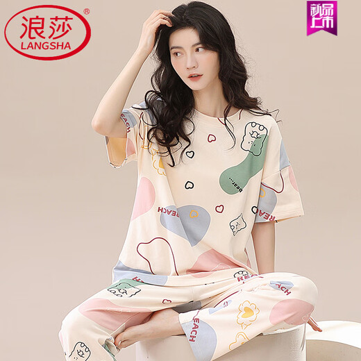 
LangSha 2025 new pajamas for women, summer pure cotton short-sleeved trousers, summer summer women's home clothes thin two-piece set ZH-9720 M