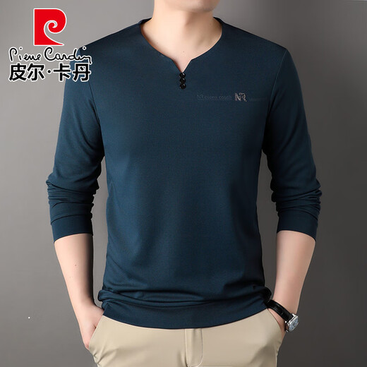 Pierre Cardin Algodón puro Camiseta de manga larga Camiseta en V para hombres 2025 Spring and Autumn New Solid Color Wase Camiseta Casual Dad Top 6998 White M 165 Sugerencia 90-120Jin [Jin equivale a 0.5 kg]
