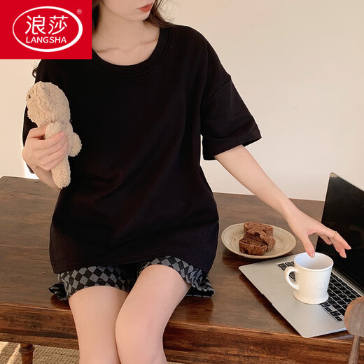 浪莎（LangSha）自带胸垫睡衣女夏季莫代尔纯色短袖短裤甜美夏天防凸点家居服套装 YNE-653 M