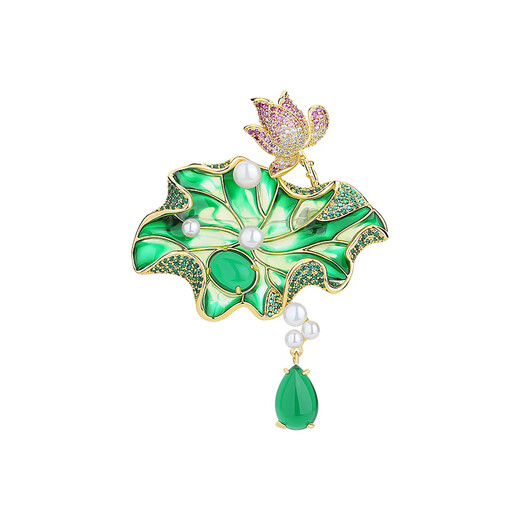 Benheart Denmark green beads hanging brooch lotus temperament clear lotus high-end women's pin cheongsam national style corsage brooch - green beads hanging champagne gold
