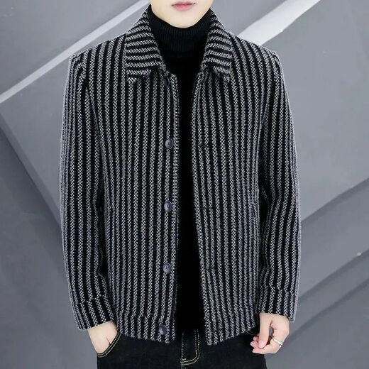 FELALWEN autumn and winter new men's coat high-end versatile plus velvet thick striped wool coat lapel casual jacket warm dark gray XL 125-140Jin Jin equals 0.5 kg