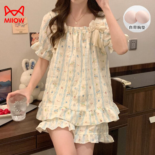 Cat men women's pajamas in summer with chest pads and shorts shorts two-piece set of sweet princess-style home clothing set for outside wear X9902-1 M