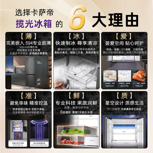 Casarte Languang Refrigerator Star Edition 521 liters fully automatic ice making 594mm ultra-thin zero embedded dual system cross four-door state subsidy BCD-521WGCTDMGCTU1