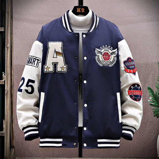 Baseball uniform jacket for men in winter with cotton and thick embroidery, loose, trendy and handsome, Korean version for teenagers, men's jacket, American style, navy blue, XL size 140-160Jin Jin is equal to 0.5 kg