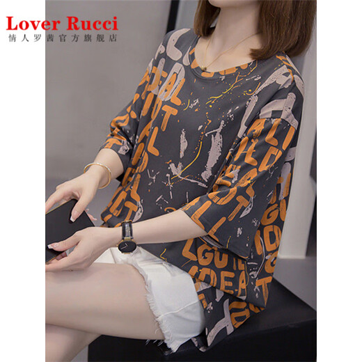 LOVER RUCCI fat mm belly-covering versatile pure cotton short-sleeved T-shirt for women 2025 summer new style 200Jin [Jin equals 0.5 kg] loose slim casual top 9928 gray 3XL 160-180Jin [Jin equals 0.5 kg]