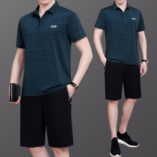 以撒保罗爸爸夏装冰丝运动套装男2025新款中老年短袖t恤父亲夏天速干衣服 723墨绿【短袖+短裤】 L