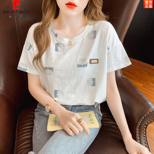 Pierre Cardin pure cotton printed short-sleeved T-shirt for women 2025 summer new round neck Korean style fashionable half-sleeved T-shirt top design 829 Gaoshanshui S Recommended 95Jin Jin is equal to within 0.5 kg