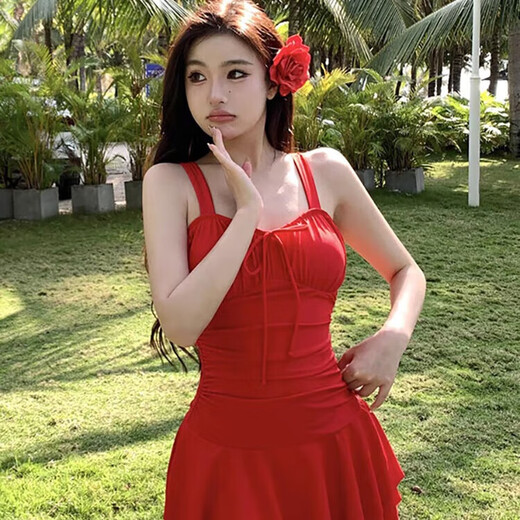 麓格立纯欲泳衣女泡温泉成人女士游泳衣连体红色性感泳装沙滩高级小众 红色泳衣送头花均码 【80-120斤】