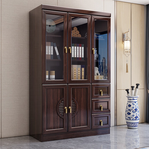 Hexi new Chinese style ebony solid wood bookcase glass door floor-standing integrated storage cabinet living room storage display cabinet shelf ebony wood three-door bookcase