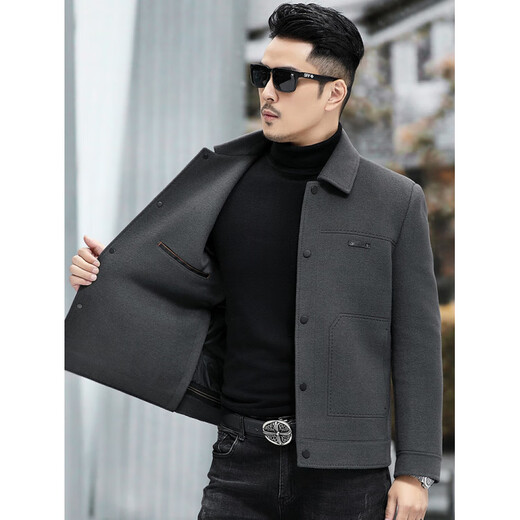 ROMON high-end wool coat, middle-aged men's short woolen jacket, autumn and winter thickened goose down lining wool coat for men, light gray M 170 recommended 100-125 Jin Jin equals 0.5 kg