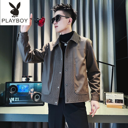 Playboy men's popular popular pu leather jacket trendy brand casual handsome motorcycle suit autumn and winter 2025 new leather jacket black M recommended 120Jin Jin equal to within 0.5 kg