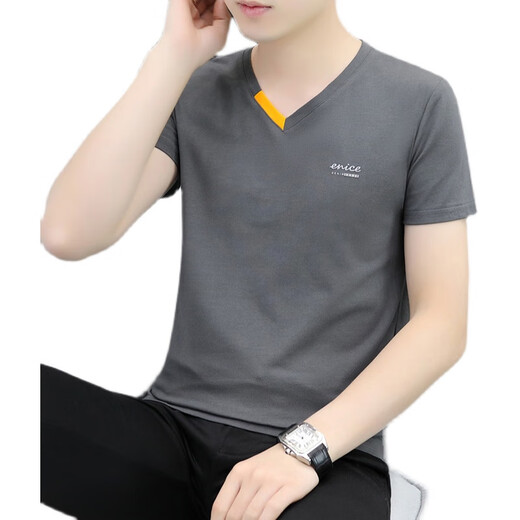 
SEPTWOLVES (SEPTWOLVES) Men's 2025 New V-neck Young Men's Short Sleeve T-shirt Pure Cotton Slim Thin Summer Casual Top T-shirt QY691 Black M