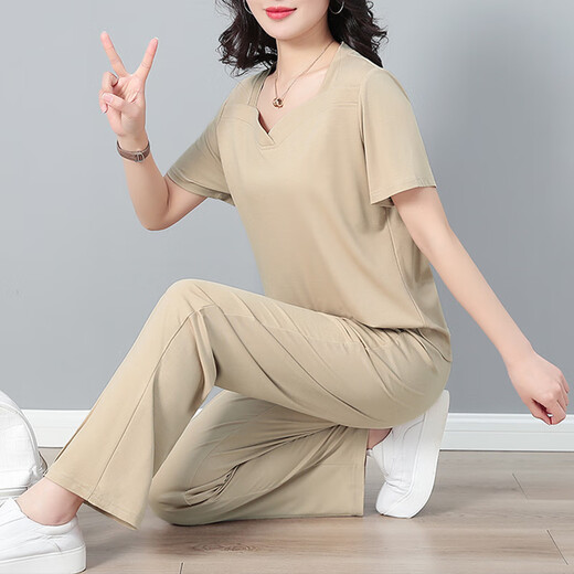
Ruomu short-sleeved T-shirt for women's summer clothes new casual, fashionable, loose V-neck versatile, slimming and fashionable sports running base 6167 military green (set) M (recommended 80-95 Jin [Jin equals 0.5 kg])