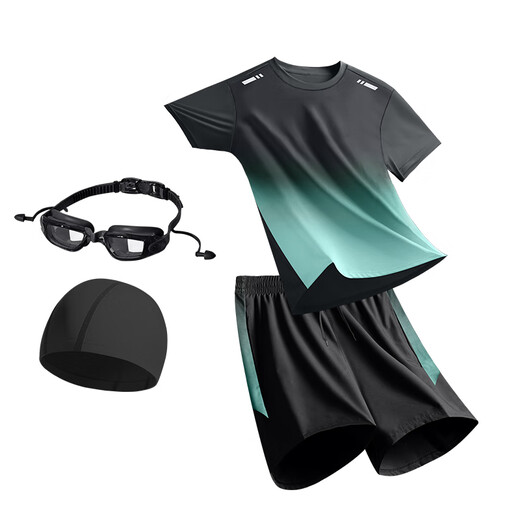
Alan Burton Swimsuit Set Men's Teenagers Swim Equipment Full Set of Adult Swim Trunks Loose Quick Dry Top 2025 New Style Four-Piece Set of Black and Green [Swimming Cap Goggles + Swim Suit + Swim Trunks M [90-115Jin [Jin equals 0.5 kg]]